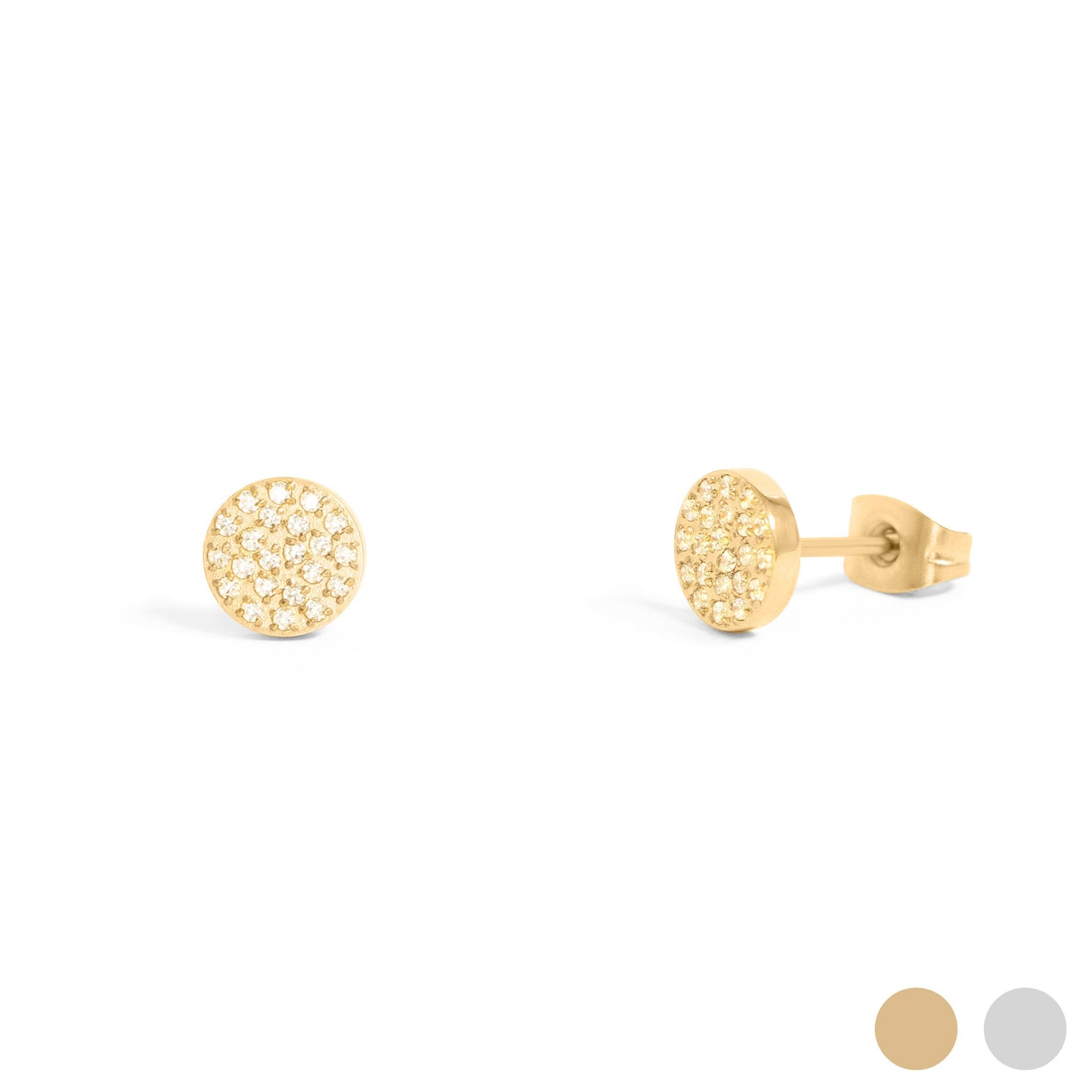 18K Gold PVD Stainless Steel Round Stud Pave Stones Earrings / ERJ0078