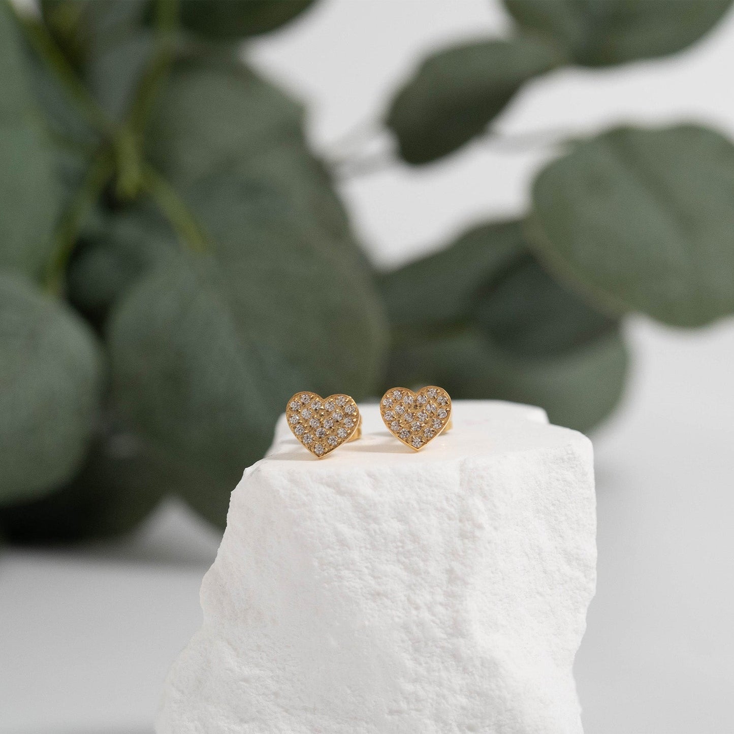 18K Gold PVD Stainless Steel Heart Stud Pave Stones Earrings / ERJ0079