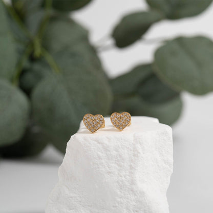 18K Gold PVD Stainless Steel Heart Stud Pave Stones Earrings / ERJ0079