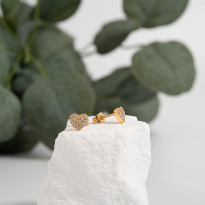 18K Gold PVD Stainless Steel Heart Stud Pave Stones Earrings / ERJ0079