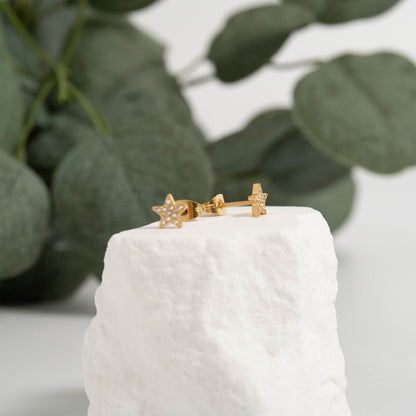 18K Gold PVD Stainless Steel Star Stud Pave Stone Earrings / ERJ0080