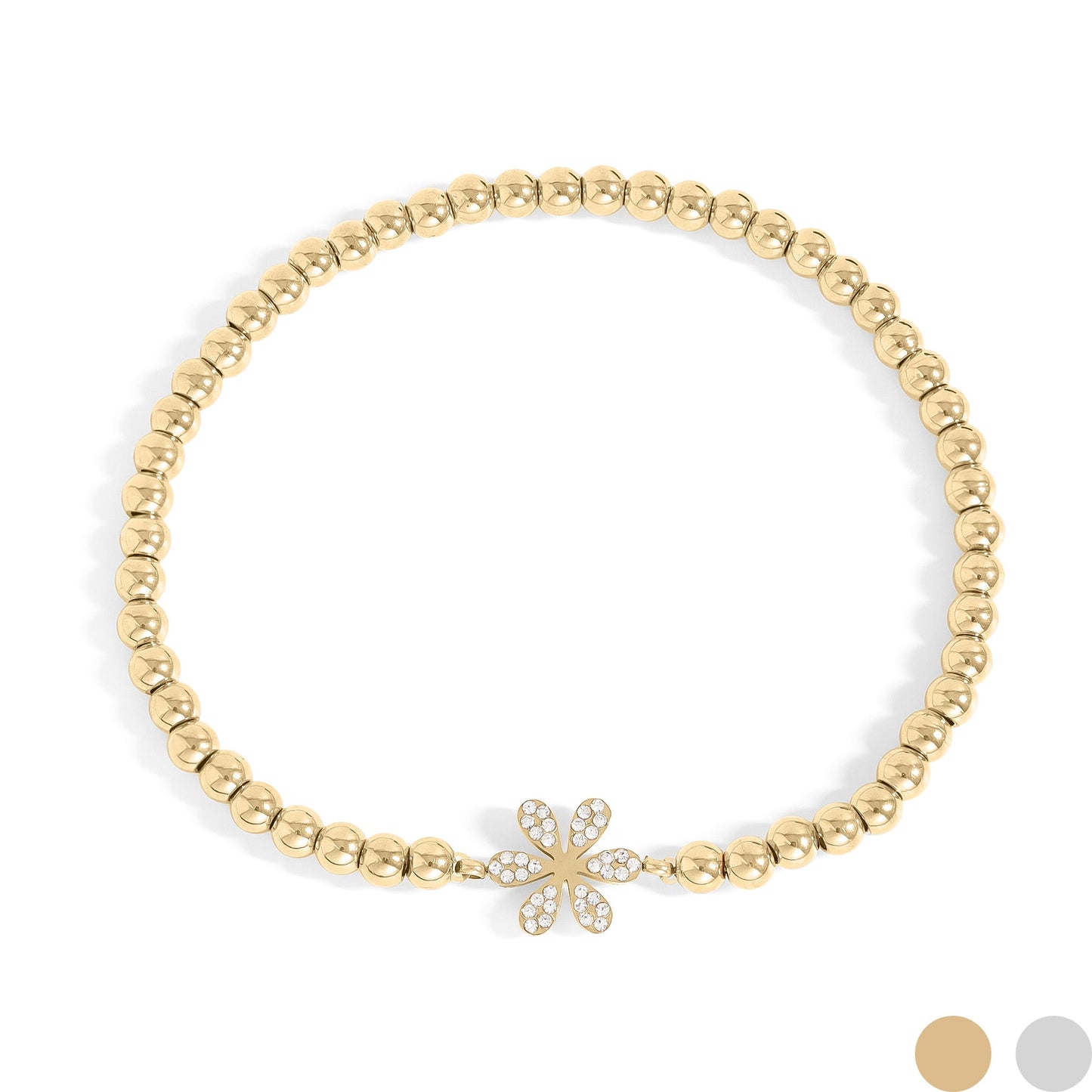 18K Gold PVD Stainless Steel Stone Flower Metal Beaded Stretch Bracelet / BRJ1020