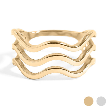 18K Gold PVD Stainless Steel Triple Wave Geometric Ring / KSS0005