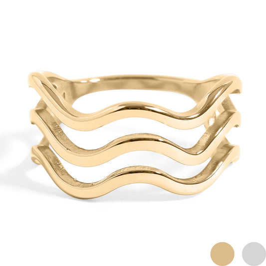 18K Gold PVD Stainless Steel Triple Wave Geometric Ring / KSS0005