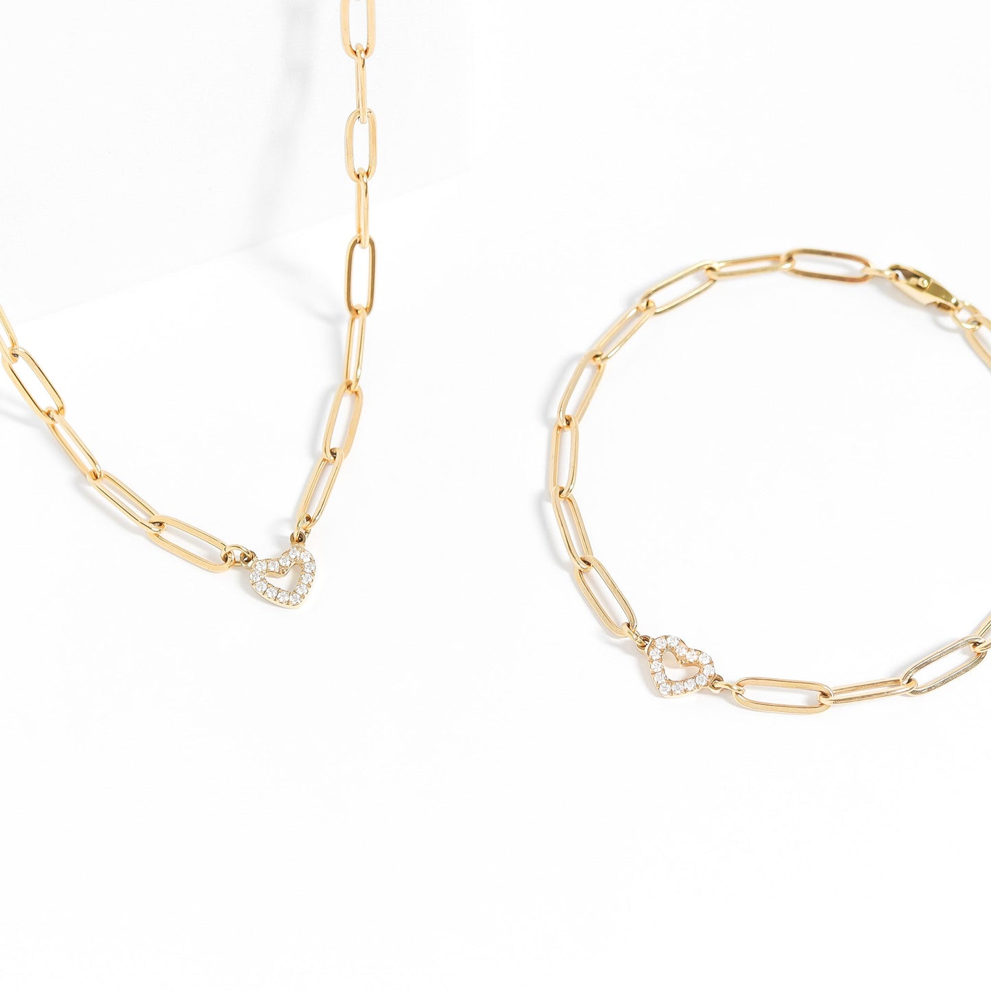 18K Gold PVD Stainless Steel Stone "Heart" Paperclip Chain Necklace / CHN9976