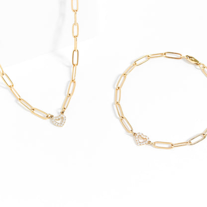 18K Gold PVD Stainless Steel Stone "Heart" Paperclip Chain Necklace / CHN9976