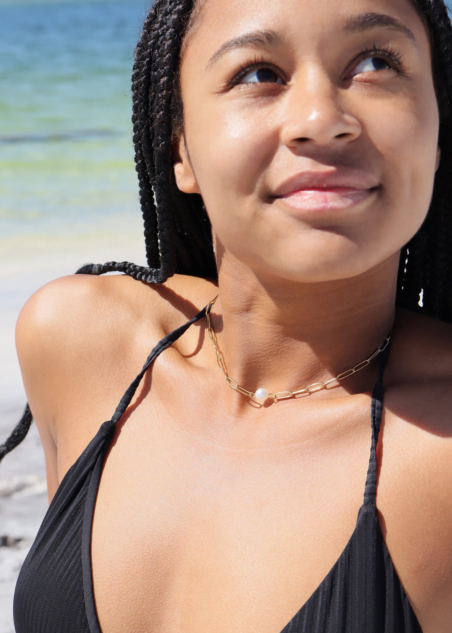 18K Gold PVD Stainless Steel Paperclip Necklace With Pearl / CHN9956