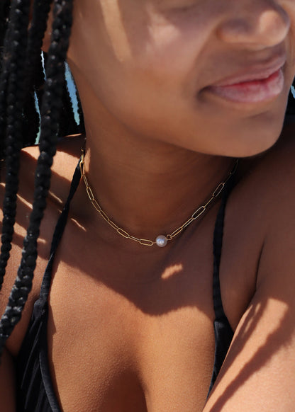 18K Gold PVD Stainless Steel Paperclip Necklace With Pearl / CHN9956