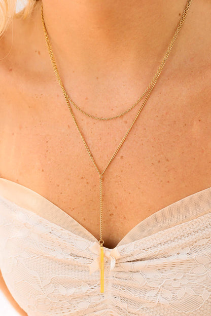 18K Gold PVD Stainless Steel Y-Shaped Bar Pendant Layered Lariat Necklace / CHN0018