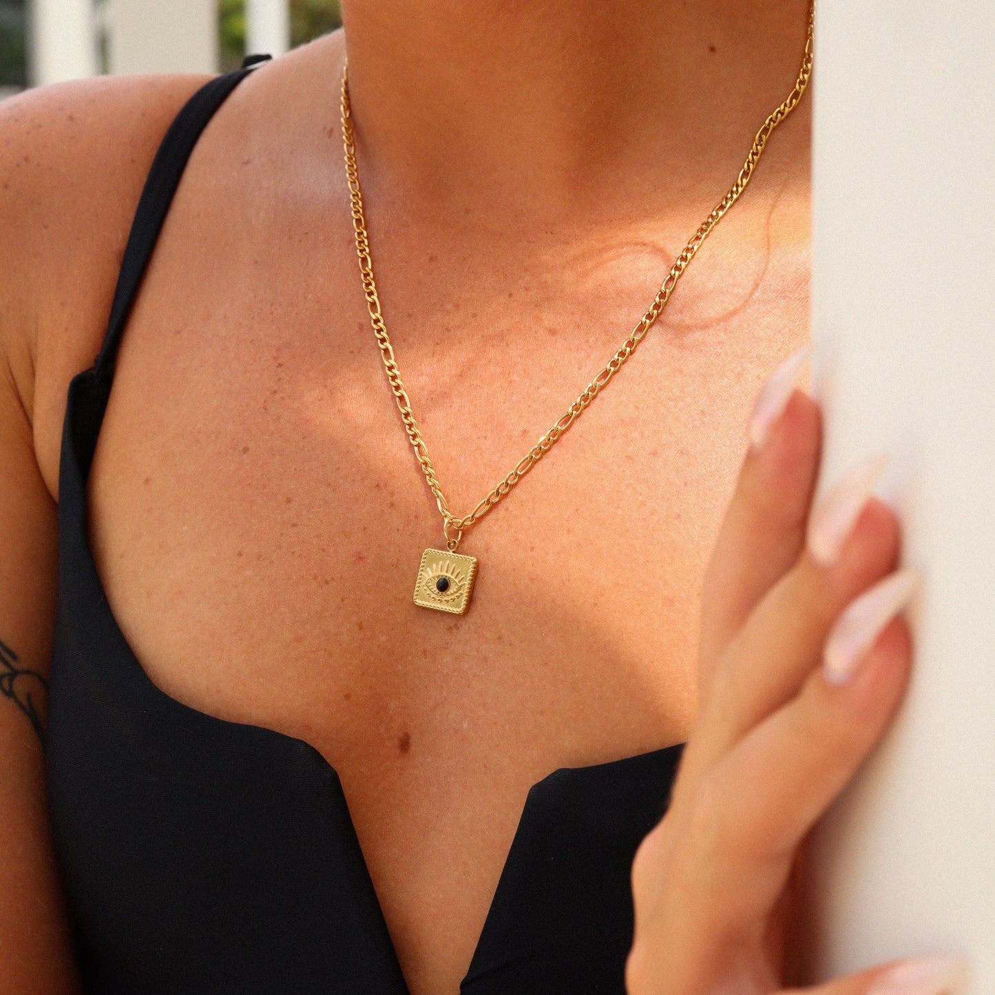 18K Gold PVD Stainless Steel Square Black Stone Evil Eye Charm / PDL0014