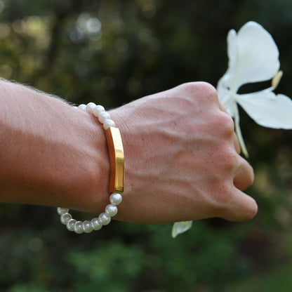 18K Gold PVD Stainless Steel Pearl Engravable Stretch Curved Bar Bracelet / SBB0321