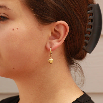 18K Gold PVD Stainless Steel Heart Pendant Huggie Hoop Earrings / ERJ0028