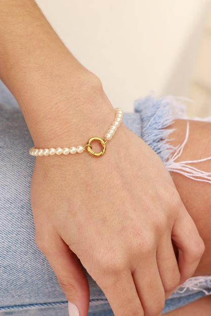 18K Gold PVD Stainless Steel Glass Pearl Charm Keeper Bracelet / SBB0337