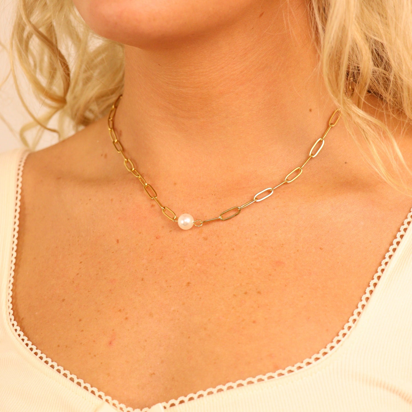 18K Gold PVD Stainless Steel Paperclip Necklace With Pearl / CHN9956