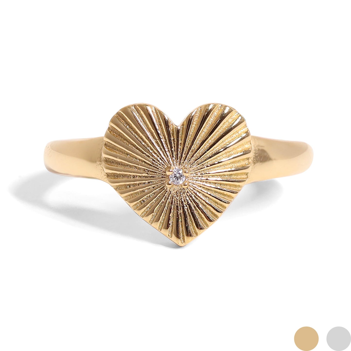 18K Gold PVD Stainless Steel Cubic Zirconia Sunburst Heart Ring / KSS0003