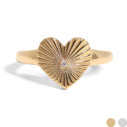 18K Gold PVD Stainless Steel Cubic Zirconia Sunburst Heart Ring / KSS0003