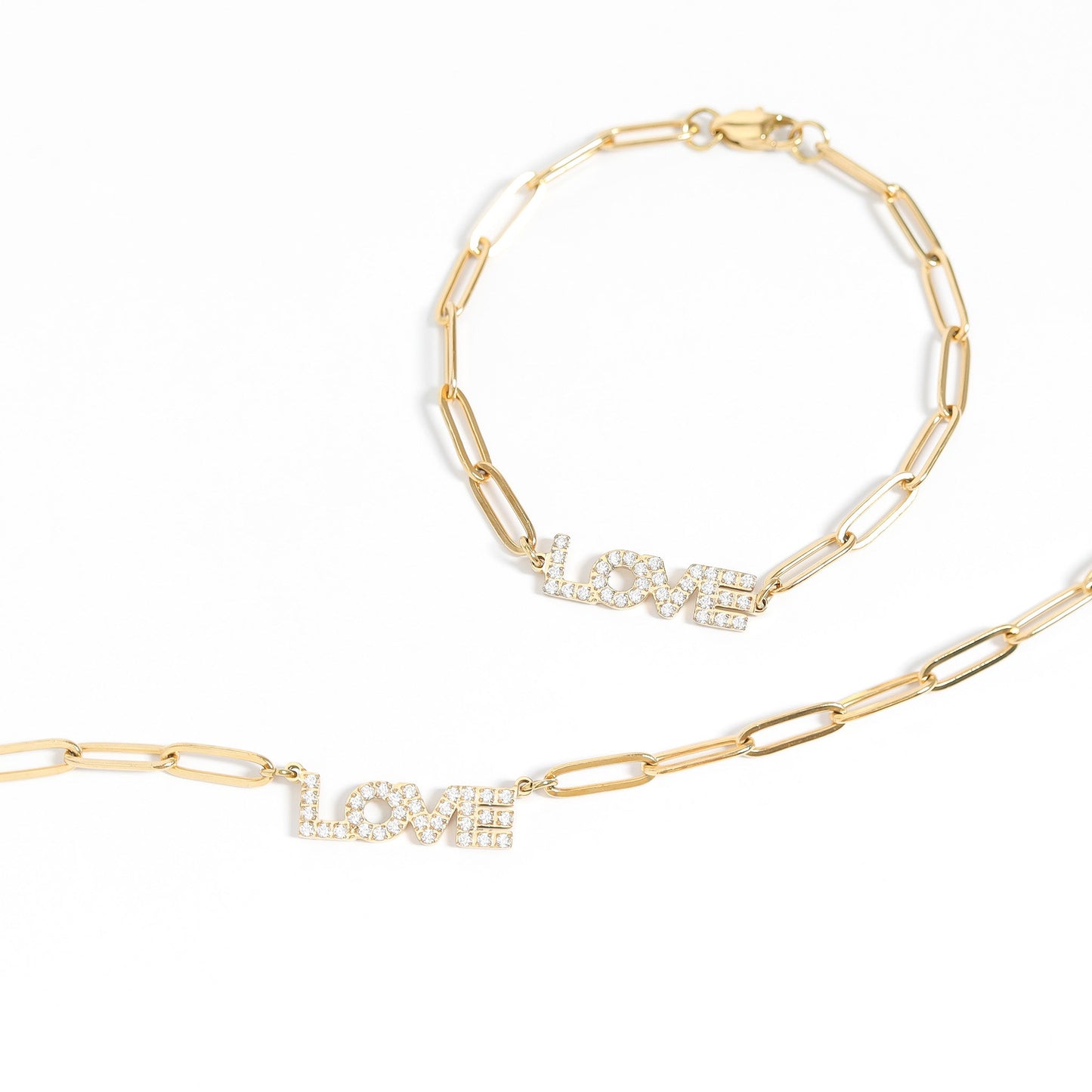 18K Gold PVD Stainless Steel Stone "Love" Paperclip Chain Necklace / CHN9974