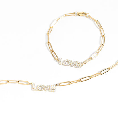 18K Gold PVD Stainless Steel Stone "Love" Paperclip Chain Necklace / CHN9974