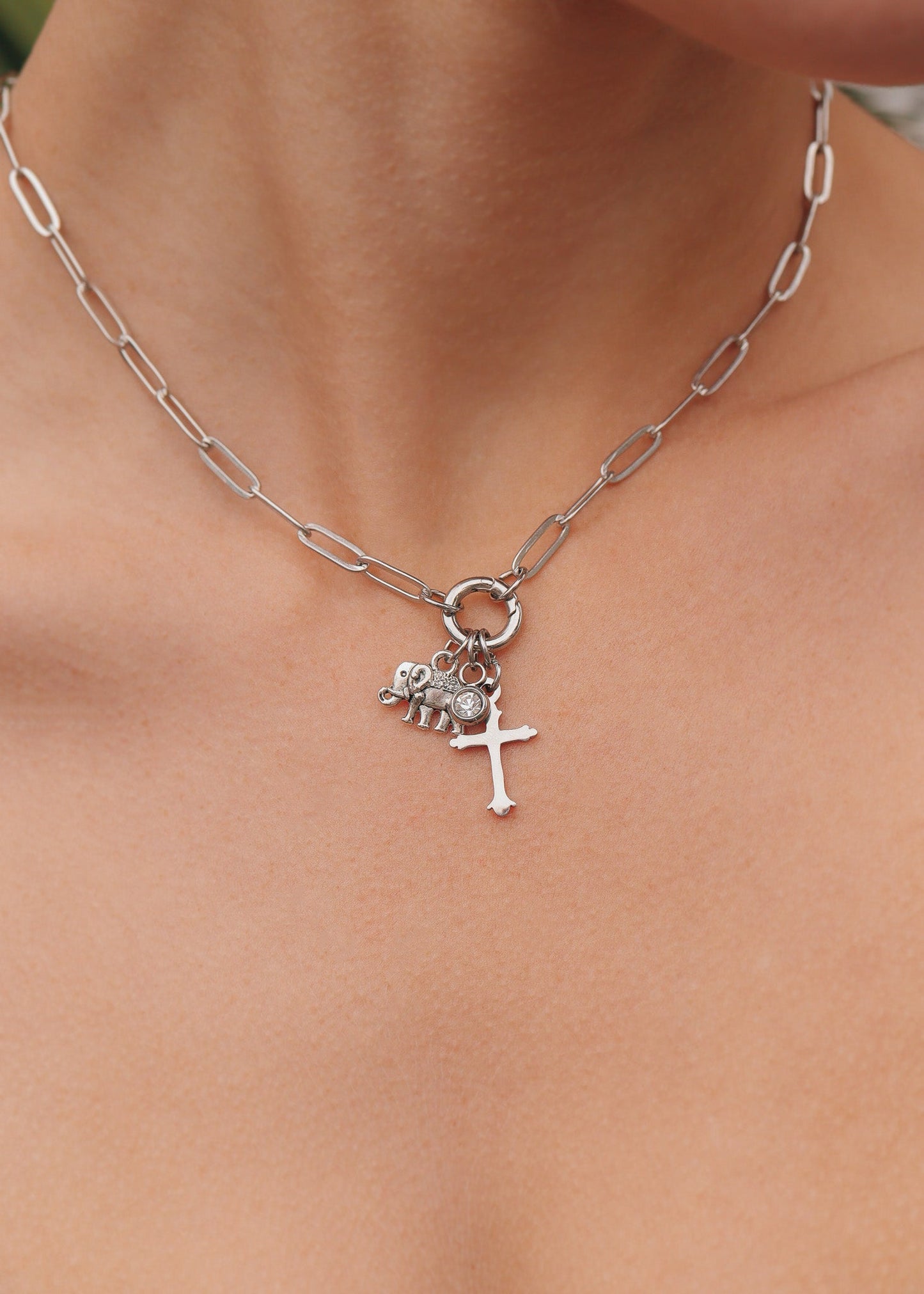 18K Gold PVD Stainless Steel Paperclip Charm Keeper Necklace / CHN9951