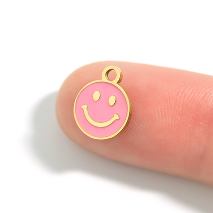 18K Gold PVD Stainless Steel Epoxy Pink Smiley Face Charm / PDL0005