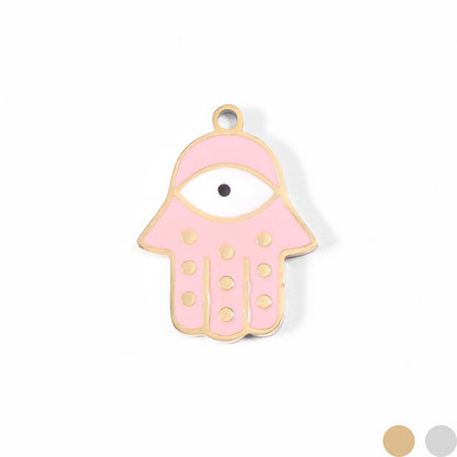 18K Gold PVD Stainless Steel Epoxy Pink Hamsa Hand Evil Eye Charm / PDL0011