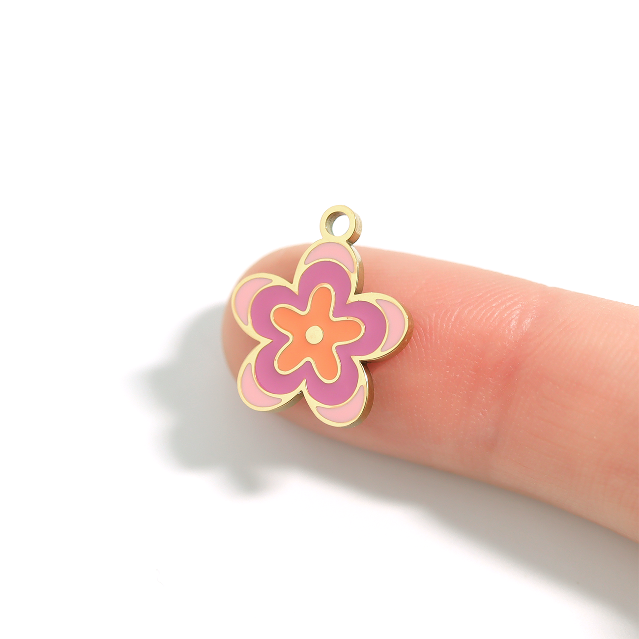 18K Gold PVD Stainless Steel Epoxy Pink Flower Charm / PDL0013