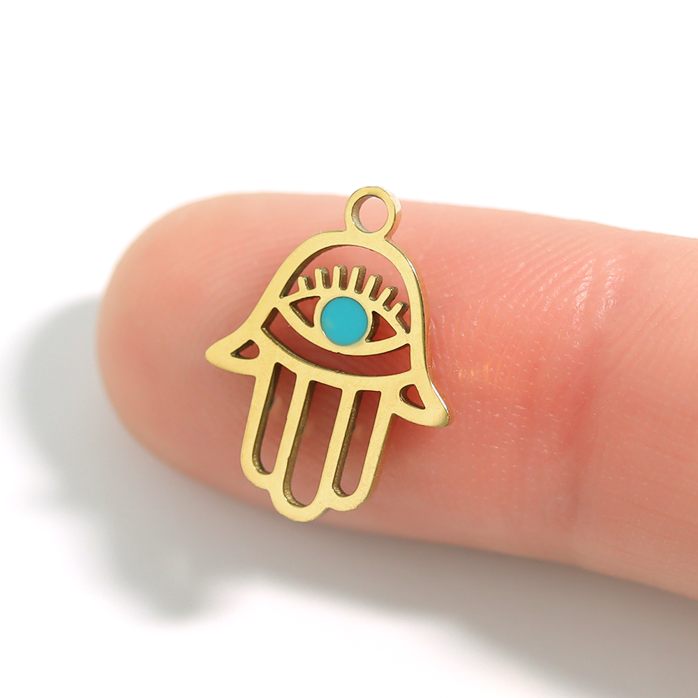 18K Gold PVD Stainless Steel Cutout Hamsa Hand Evil Eye Charm / PDL0023