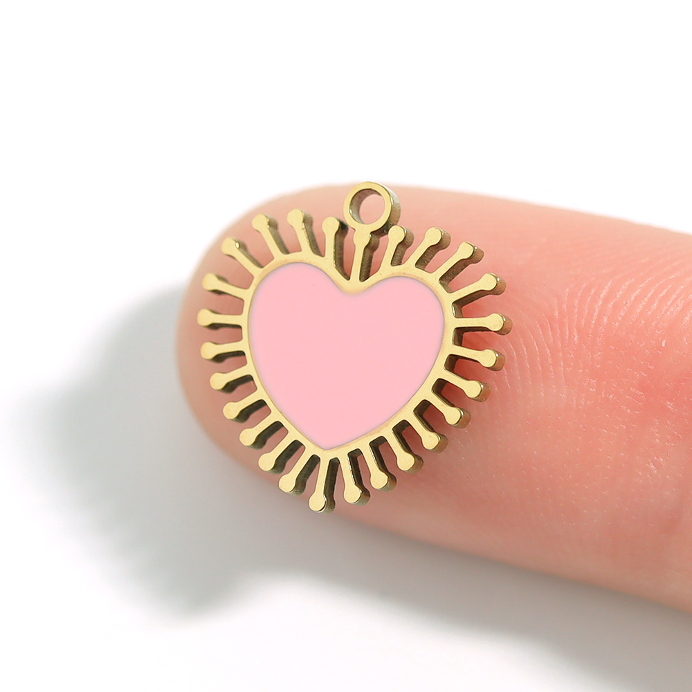 18K Gold PVD Stainless Steel Epoxy Pink Sun Ray Heart Charm / PDL0028