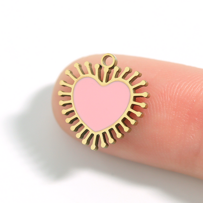 18K Gold PVD Stainless Steel Epoxy Pink Sun Ray Heart Charm / PDL0028