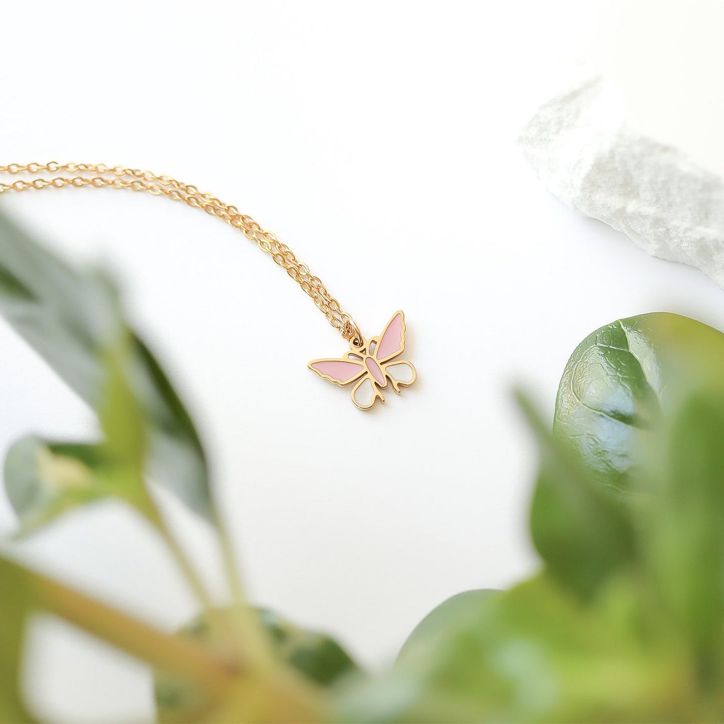 18K Gold PVD Stainless Steel Epoxy Pink and White Butterfly Charm / PDL0030