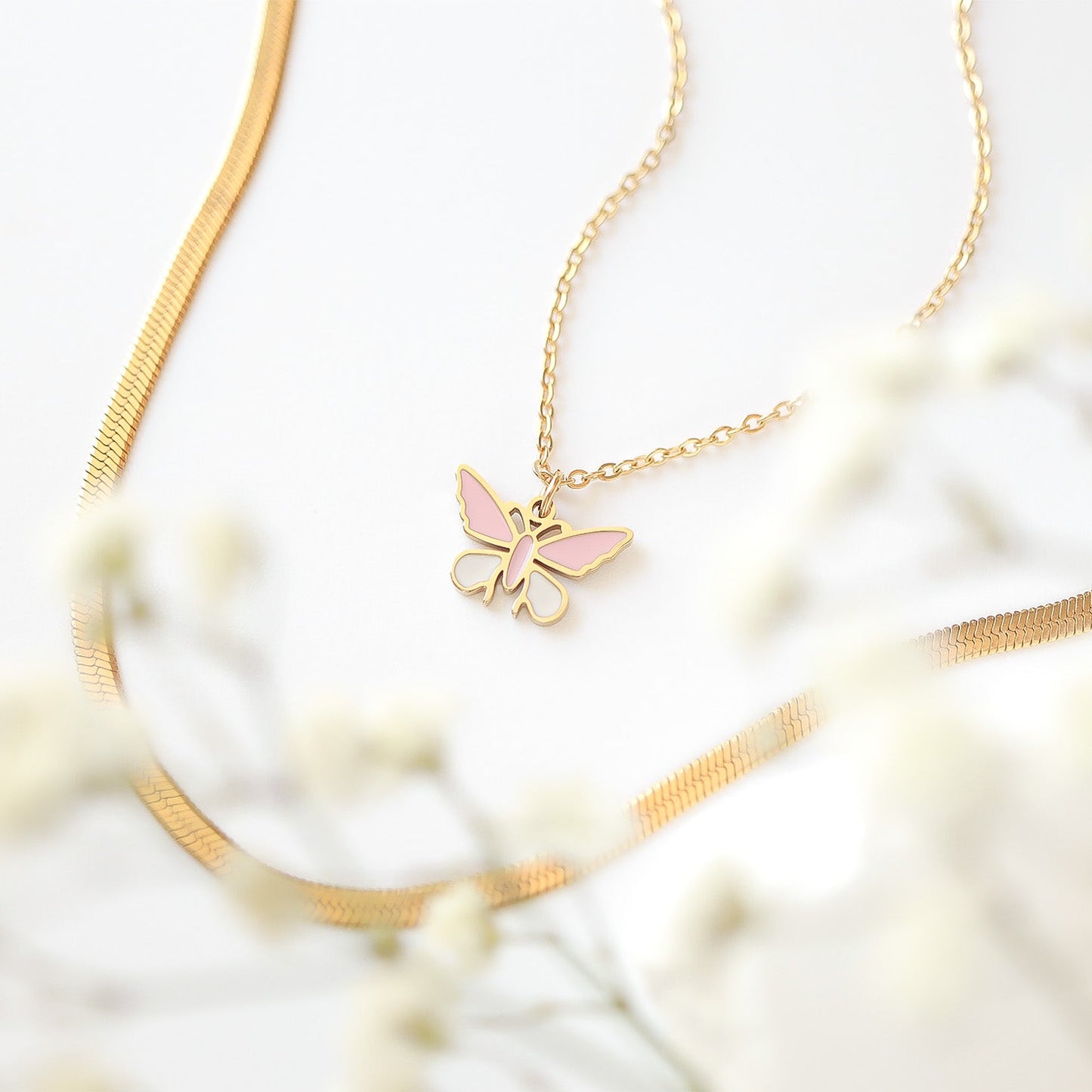 18K Gold PVD Stainless Steel Epoxy Pink and White Butterfly Charm / PDL0030