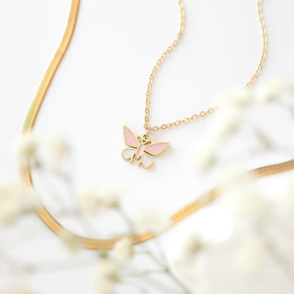 18K Gold PVD Stainless Steel Epoxy Pink and White Butterfly Charm / PDL0030