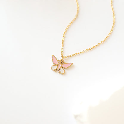 18K Gold PVD Stainless Steel Epoxy Pink and White Butterfly Charm / PDL0030