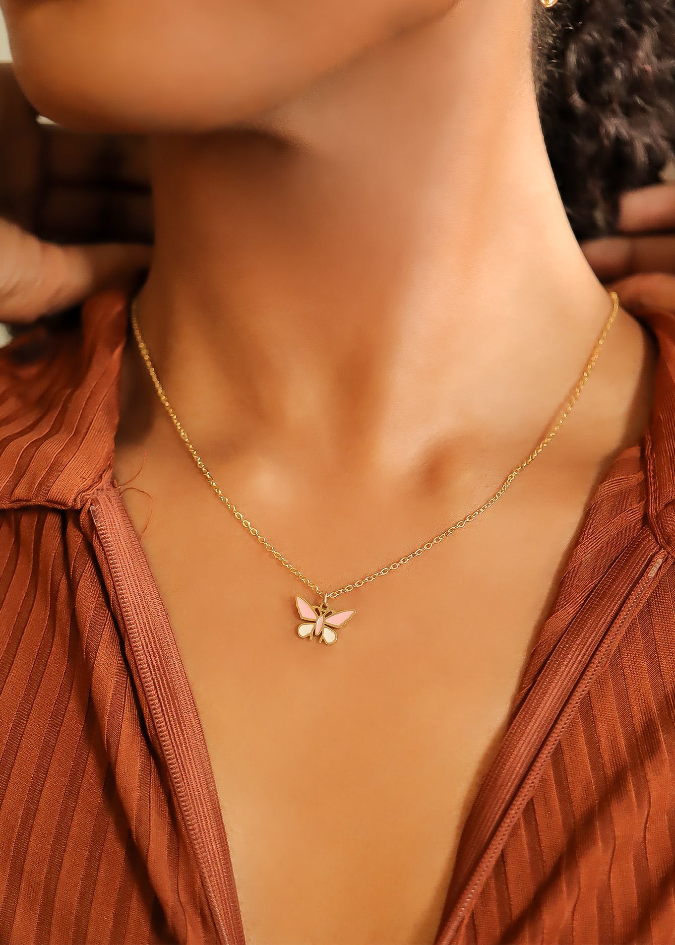 18K Gold PVD Stainless Steel Epoxy Pink and White Butterfly Charm / PDL0030