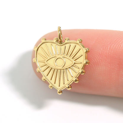 18K Gold PVD Stainless Steel Textured Heart Evil Eye Charm / PDL0054