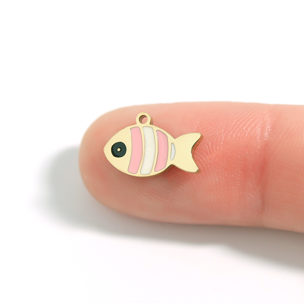 18K Gold PVD Stainless Steel Epoxy Pink And White Fish Charm / PDL0066