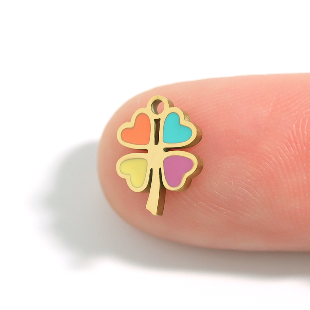 18K Gold PVD Stainless Steel Epoxy Multi-Colored 4 Leaf Clover Charm / PDL0085