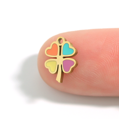 18K Gold PVD Stainless Steel Epoxy Multi-Colored 4 Leaf Clover Charm / PDL0085