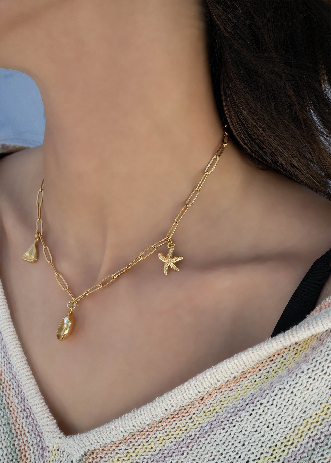 18K Gold PVD Stainless Steel Shell Charm with Pearl / PDL0191