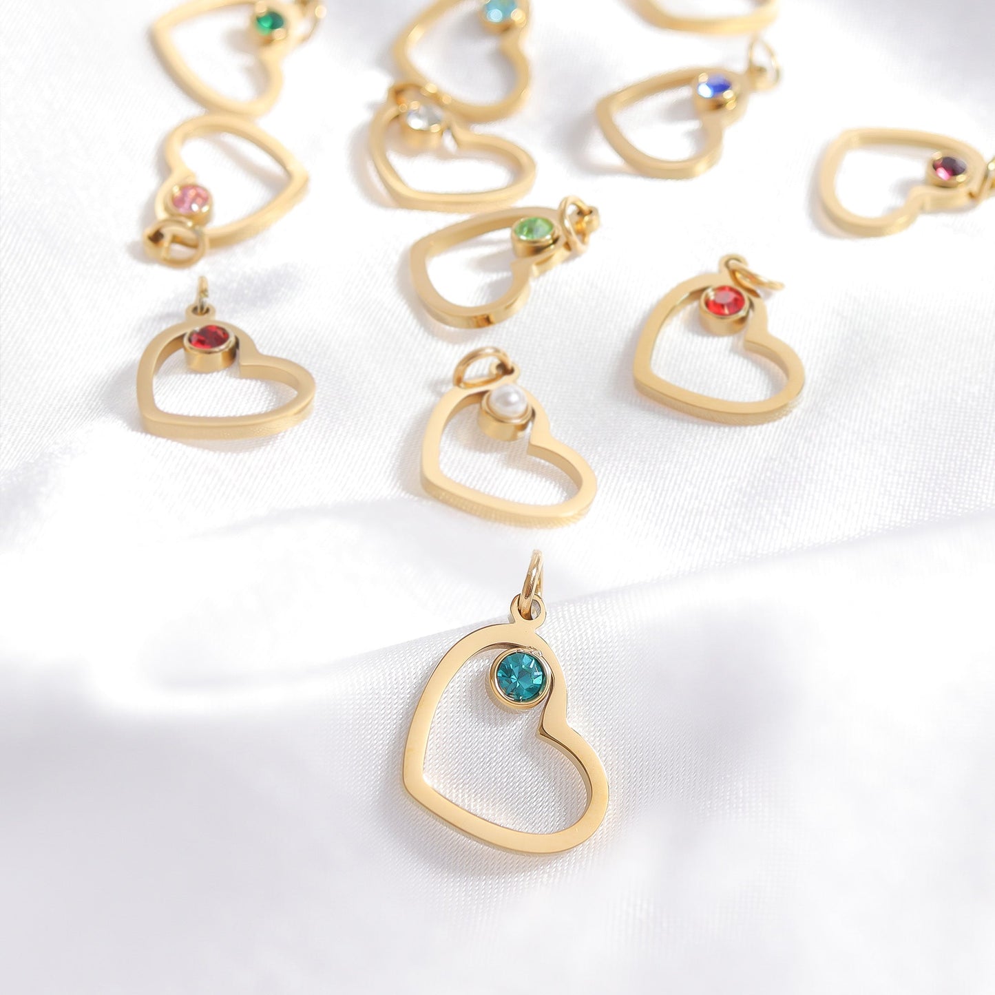 18K Gold PVD Stainless Steel Birthstone Heart Charm / PDL0219