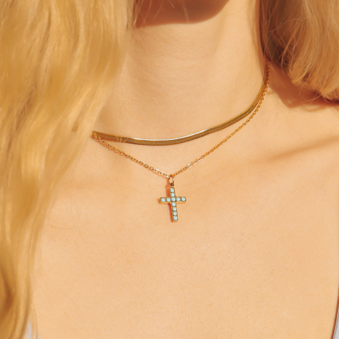 18K Gold PVD Stainless Steel Turquoise Stone Cross Charm / PDL0230