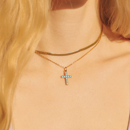 18K Gold PVD Stainless Steel Turquoise Stone Cross Charm / PDL0230