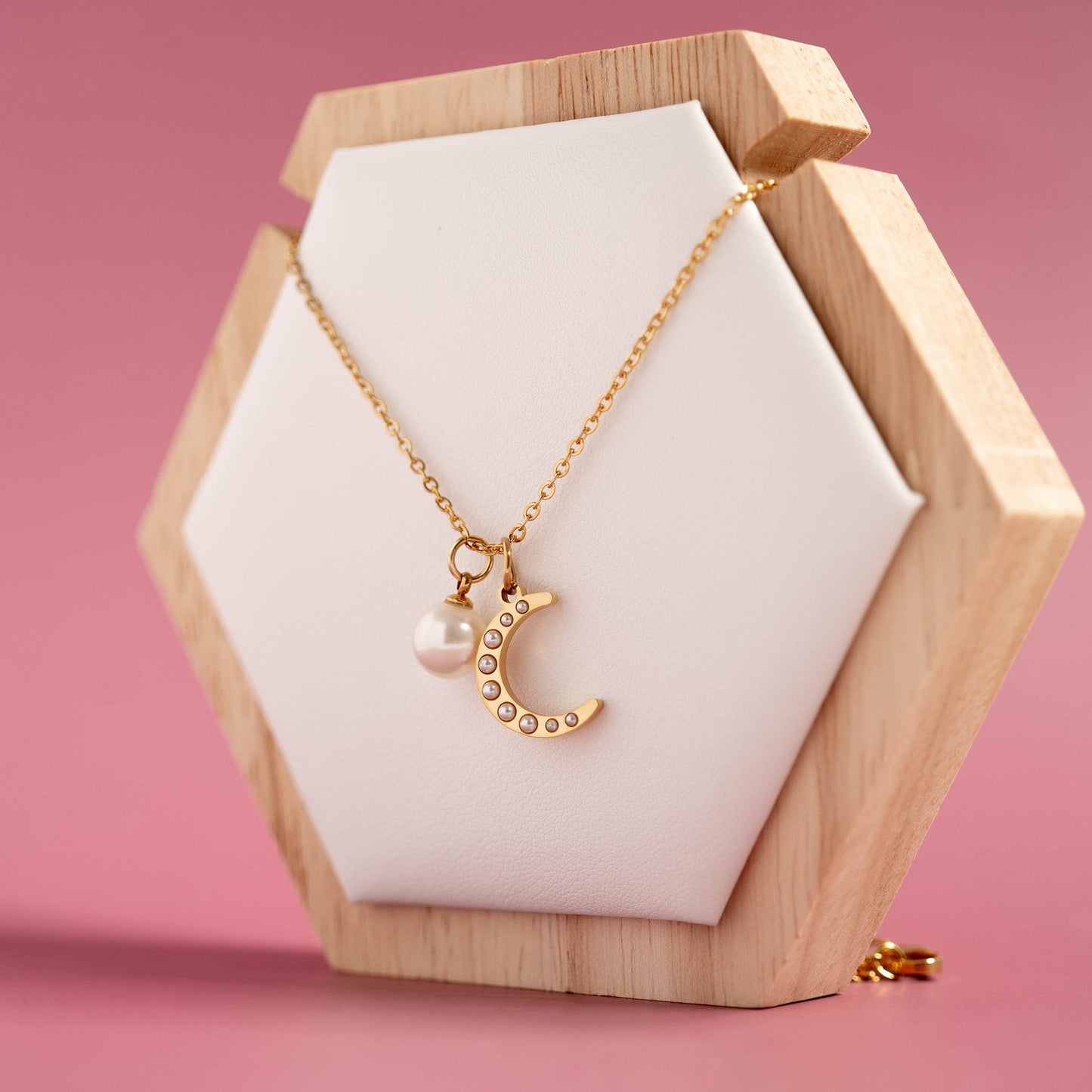 18K Gold PVD Stainless Steel Pearl Moon Charm / PDL0250