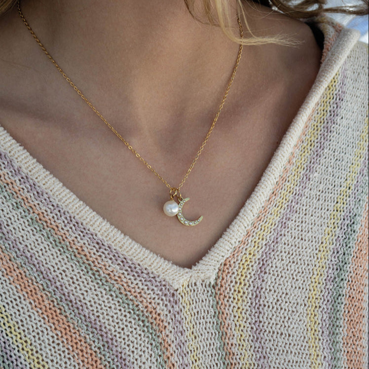 18K Gold PVD Stainless Steel Pearl Moon Charm / PDL0250