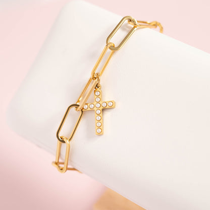 18K Gold PVD Stainless Steel Pearl Cross Charm / PDL0252
