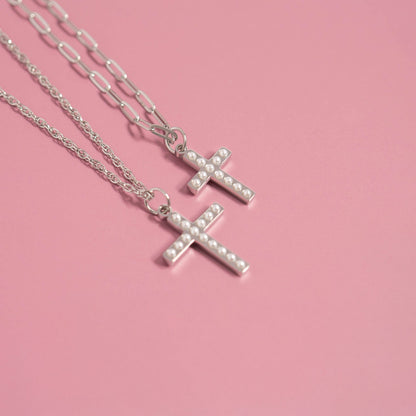 18K Gold PVD Stainless Steel Pearl Cross Charm / PDL0252