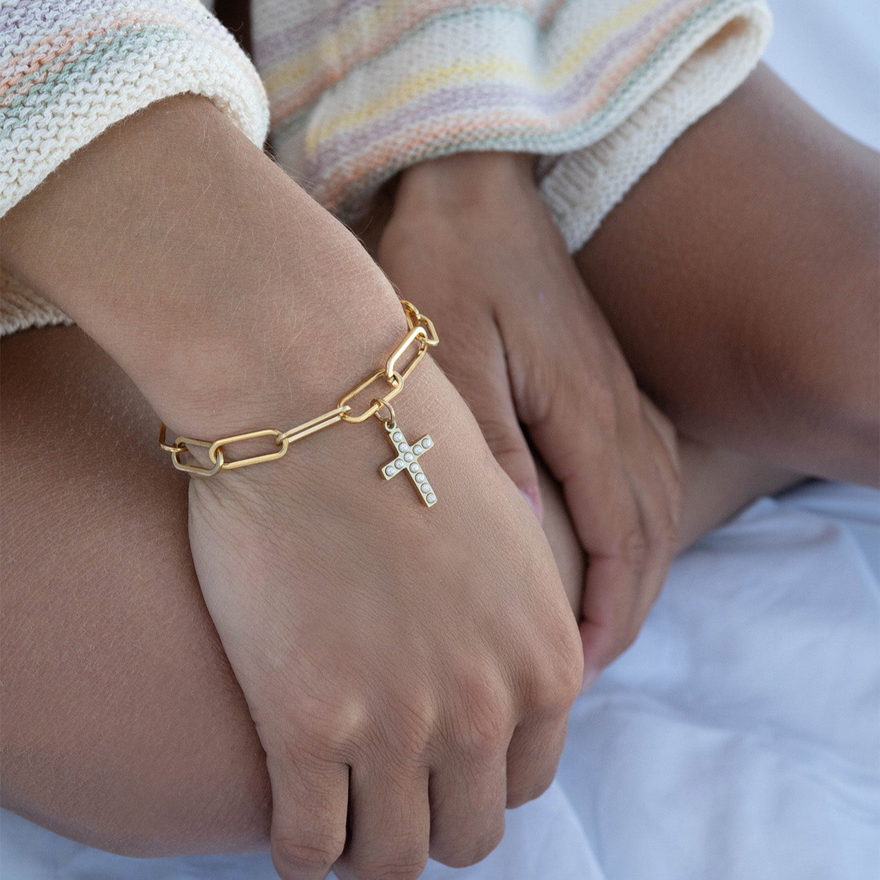 18K Gold PVD Stainless Steel Pearl Cross Charm / PDL0252