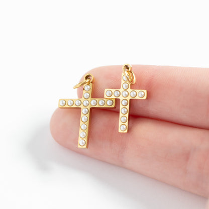 18K Gold PVD Stainless Steel Pearl Cross Charm / PDL0252