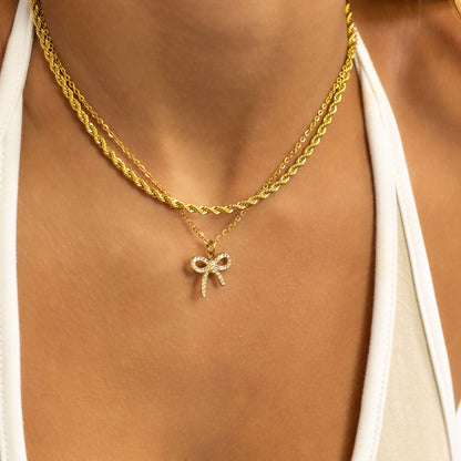 18K Gold PVD Stainless Steel Rhinestone Bow Charm / PDL0278