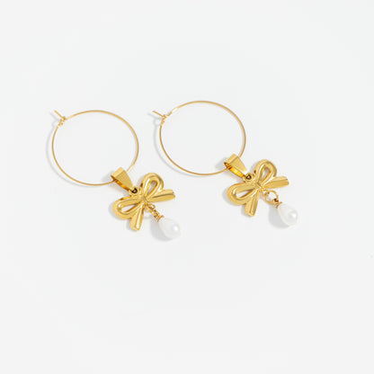 18K Gold PVD Stainless Steel Freshwater Pearl Bow Charm / PDL0291